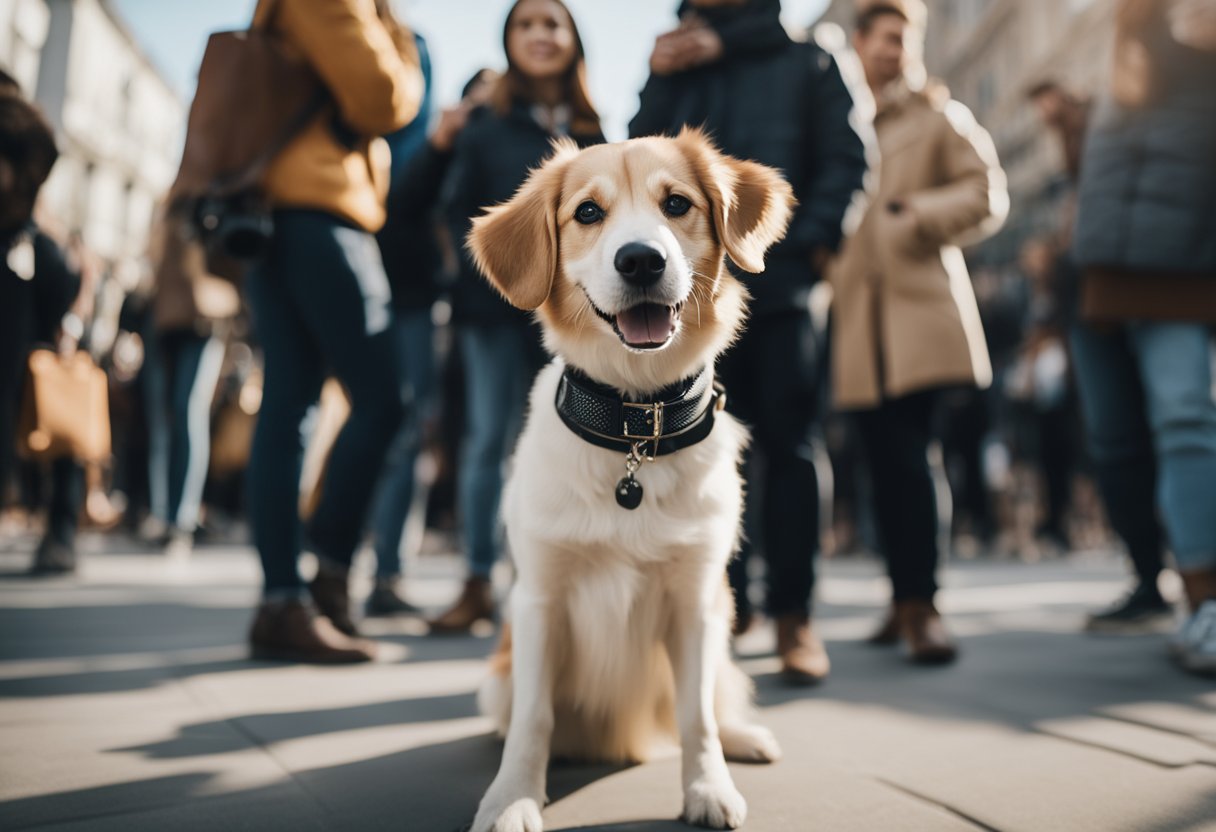 A dog stands confidently in front of a camera, wearing trendy accessories and striking a pose. A crowd of adoring fans surrounds the pup, eagerly snapping photos and sharing on social media