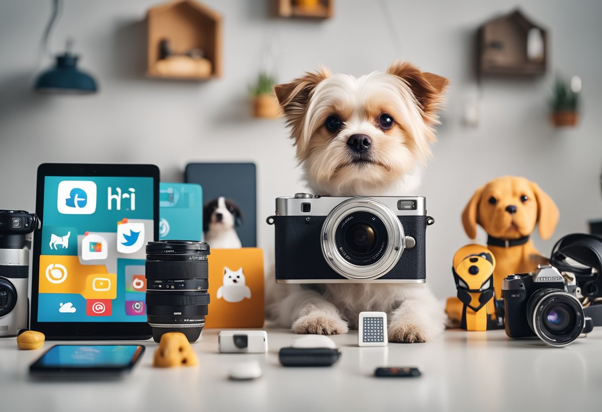 A dog with a camera and a social media app open on a smartphone, surrounded by pet products and brand logos