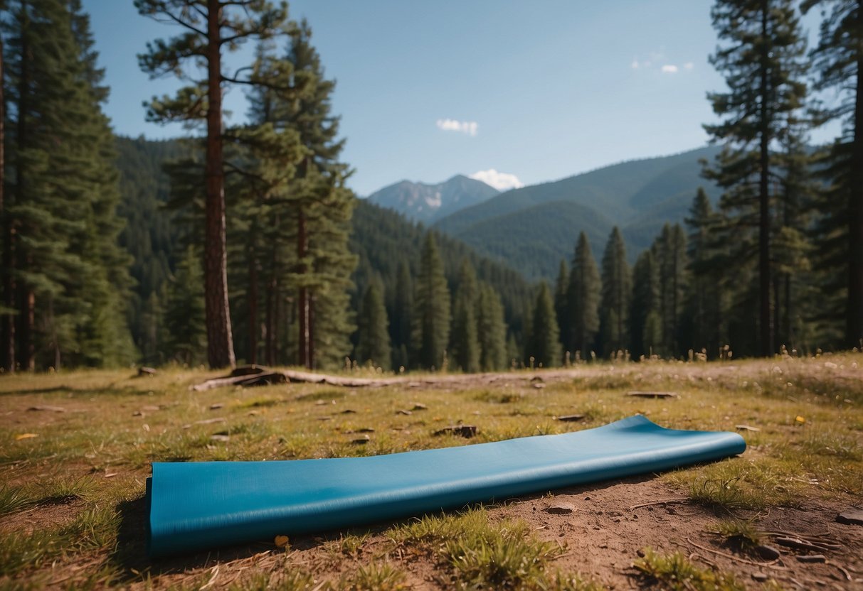 A serene mountain clearing with a yoga mat laid out on the ground, surrounded by tall pine trees and a clear blue sky overhead