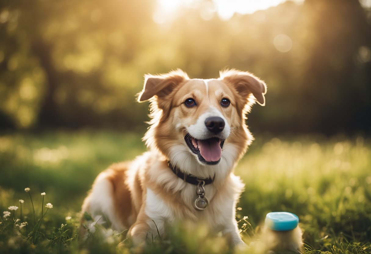 A happy dog with a wagging tail poses in front of a camera, surrounded by high-quality pet products and a natural, outdoor backdrop