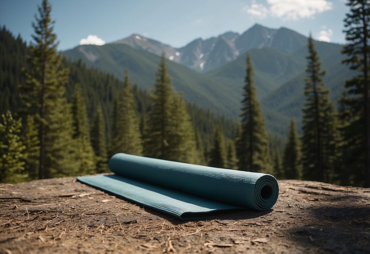 A serene mountain clearing with a small, lightweight yoga mat laid out on the ground, surrounded by tall pine trees and a backdrop of distant peaks