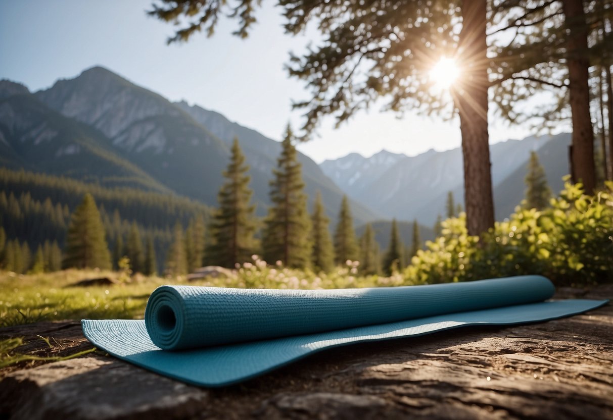 A serene mountain clearing, surrounded by tall trees and bathed in soft sunlight. A yoga mat is laid out on the ground, with a backdrop of rocky peaks in the distance