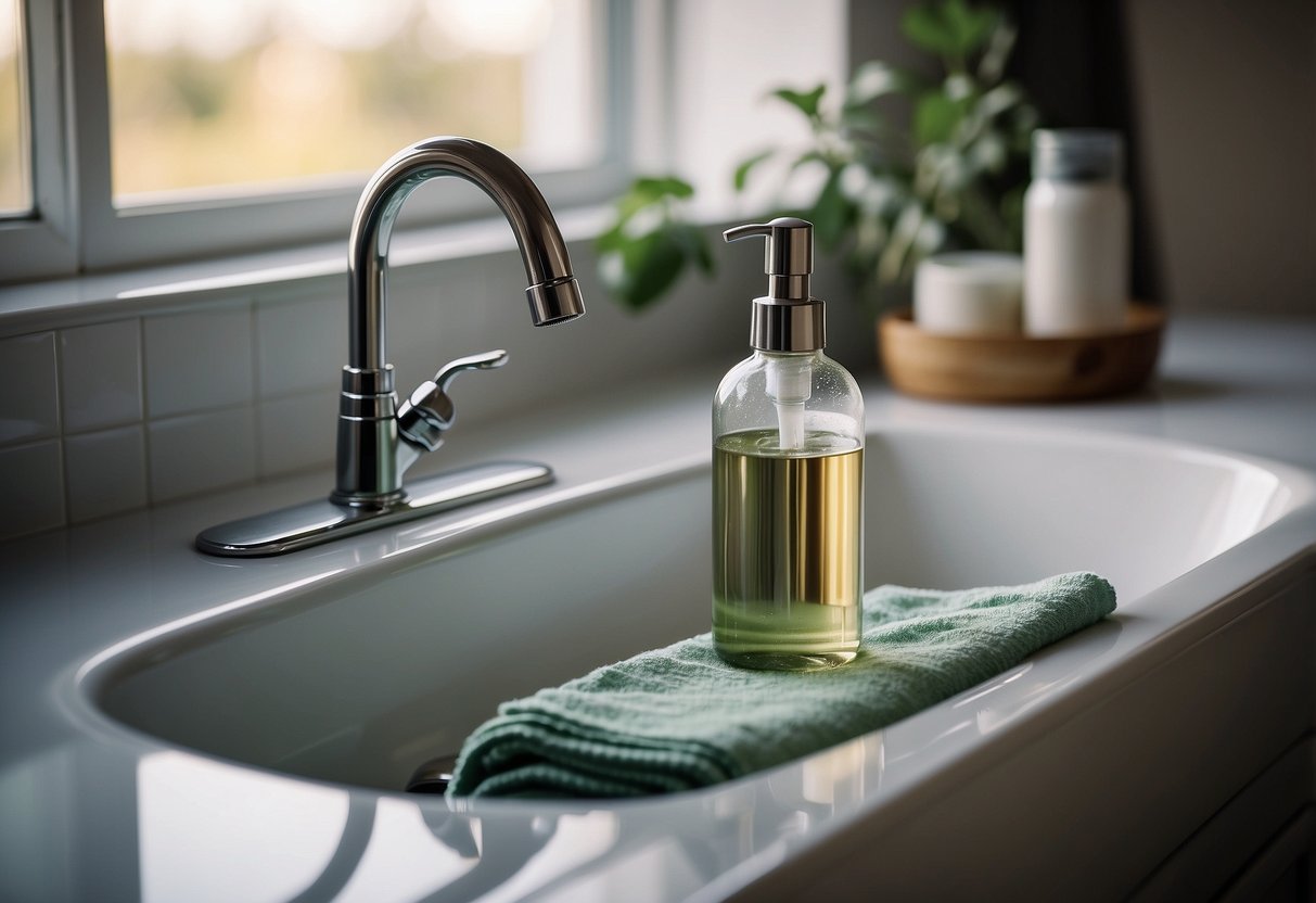 A sink with running water, a bottle of gentle shampoo, and a towel for drying. Sew-in hair extensions hanging to air dry