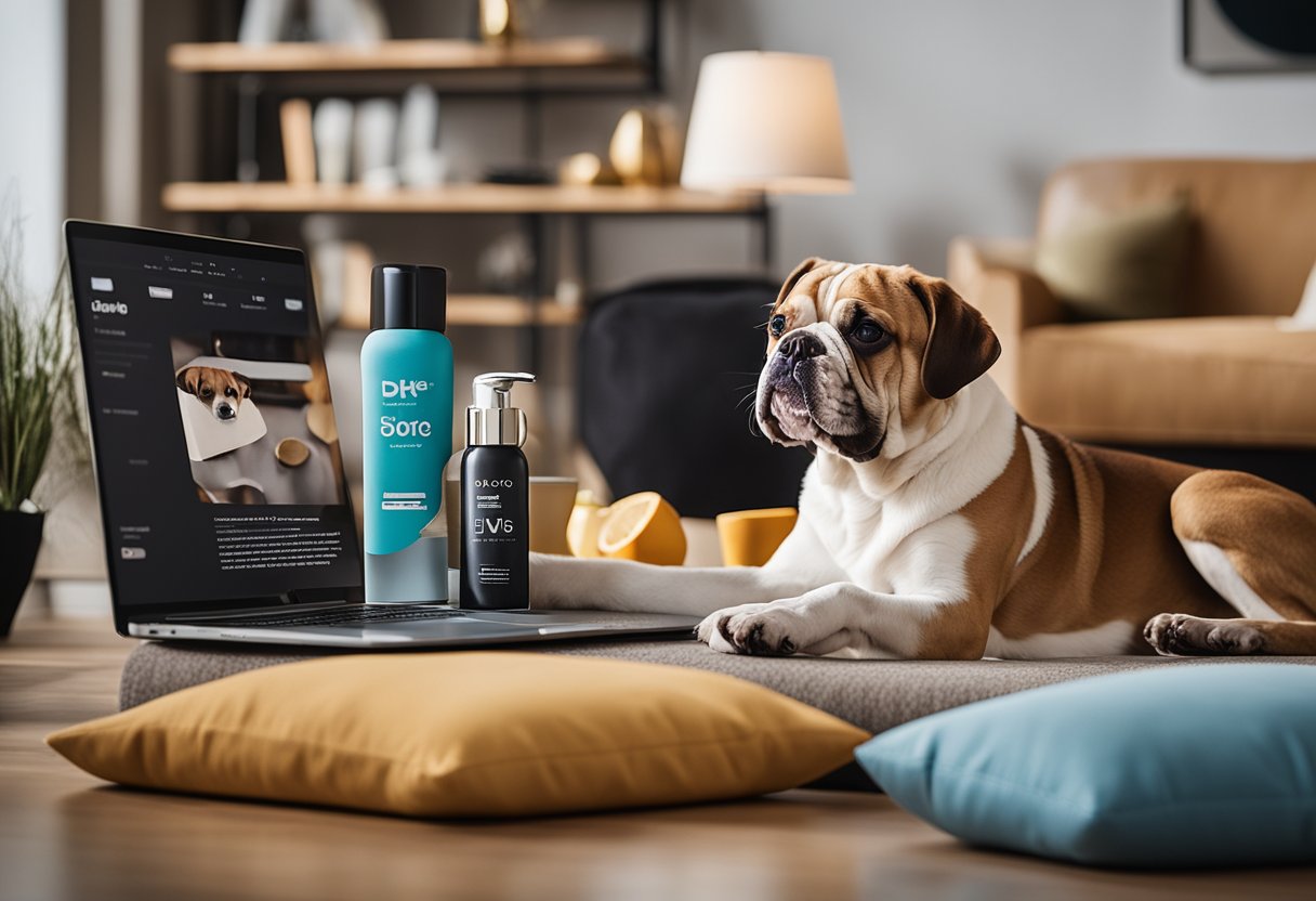 A dog posing with trendy products, surrounded by a large social media following and brand partnerships, showcasing a luxurious and aspirational lifestyle