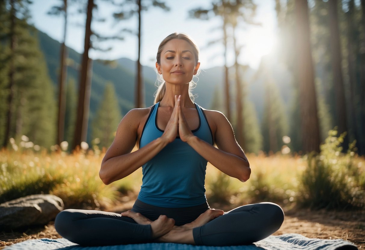 A figure in moisture-wicking clothing practices yoga in a serene backcountry setting, surrounded by trees and a clear blue sky