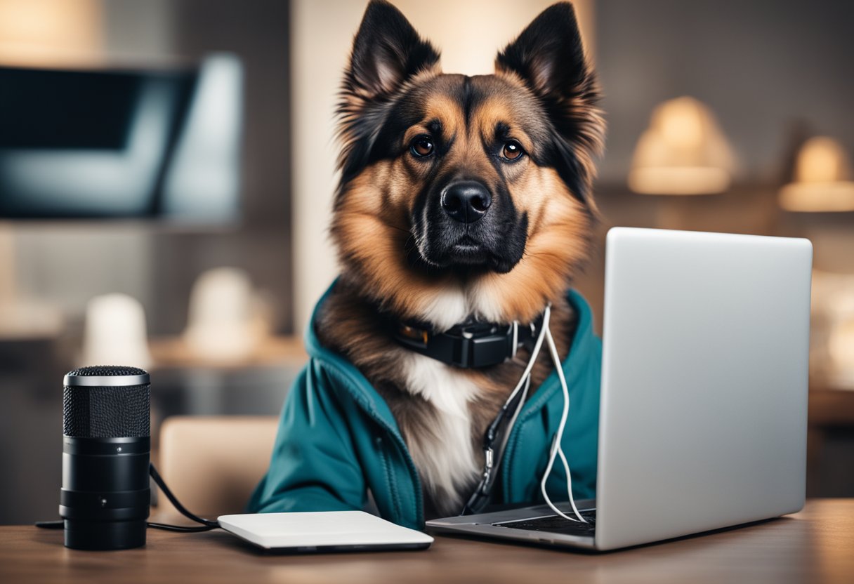 A dog sitting in front of a laptop, with a camera and microphone nearby. Social media logos and sponsorship offers on the screen