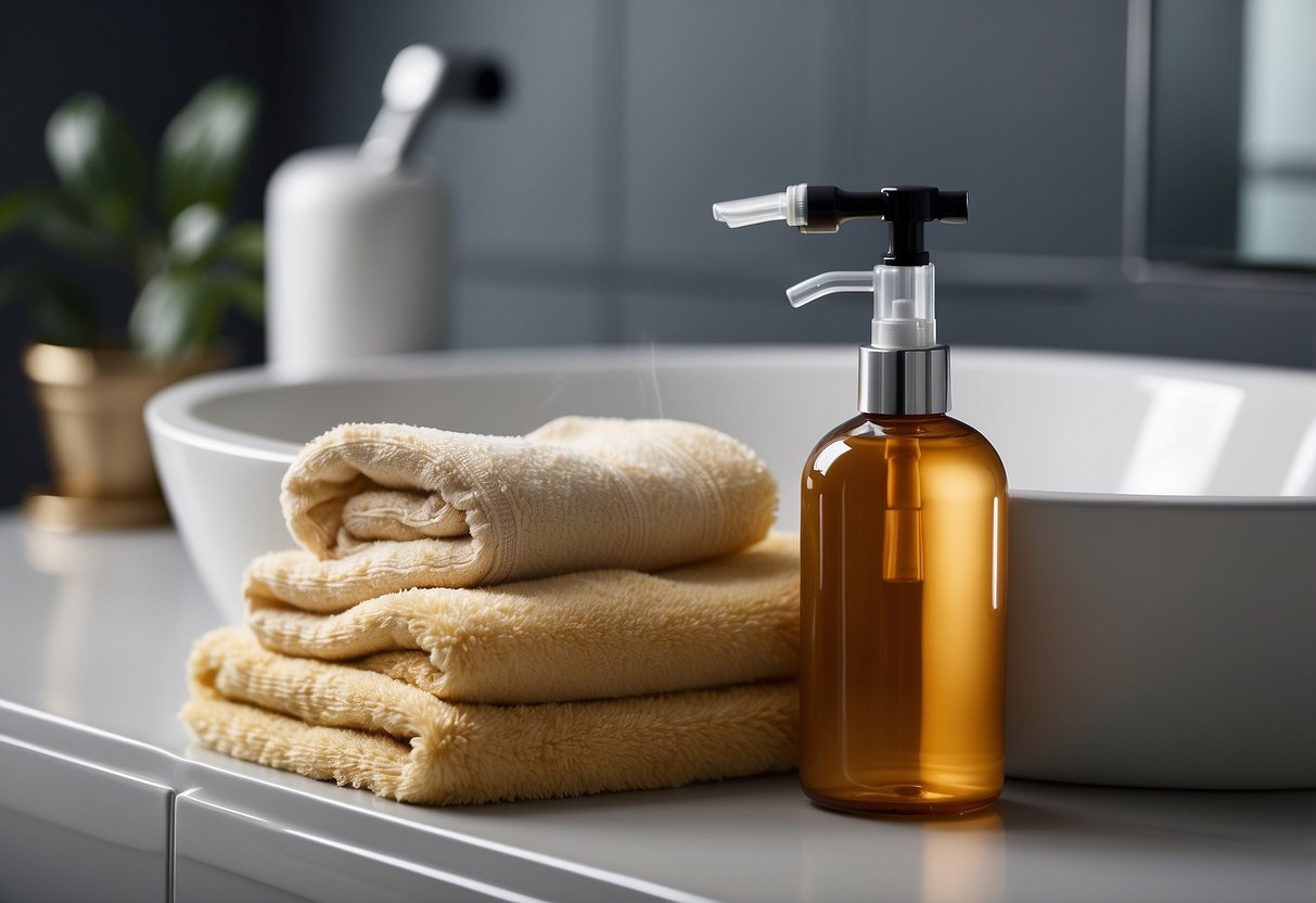 A basin filled with warm water, a gentle sulfate-free shampoo, and a towel laid out for air-drying the sew-in hair extensions