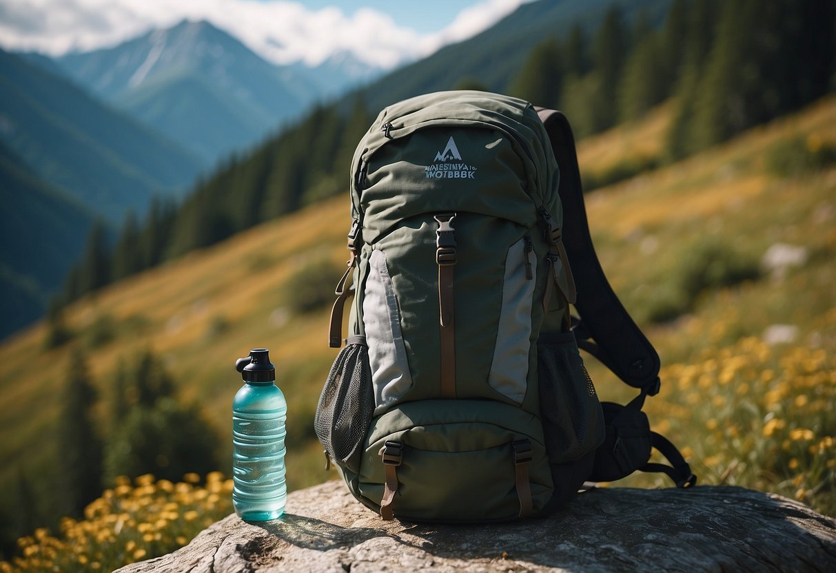 A backpack with a water bottle attached, surrounded by a serene backcountry landscape with mountains and trees