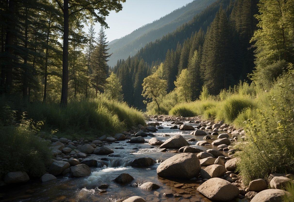 A peaceful mountain clearing, with a tranquil stream flowing through. Surrounding trees provide shade, and a gentle breeze rustles the leaves