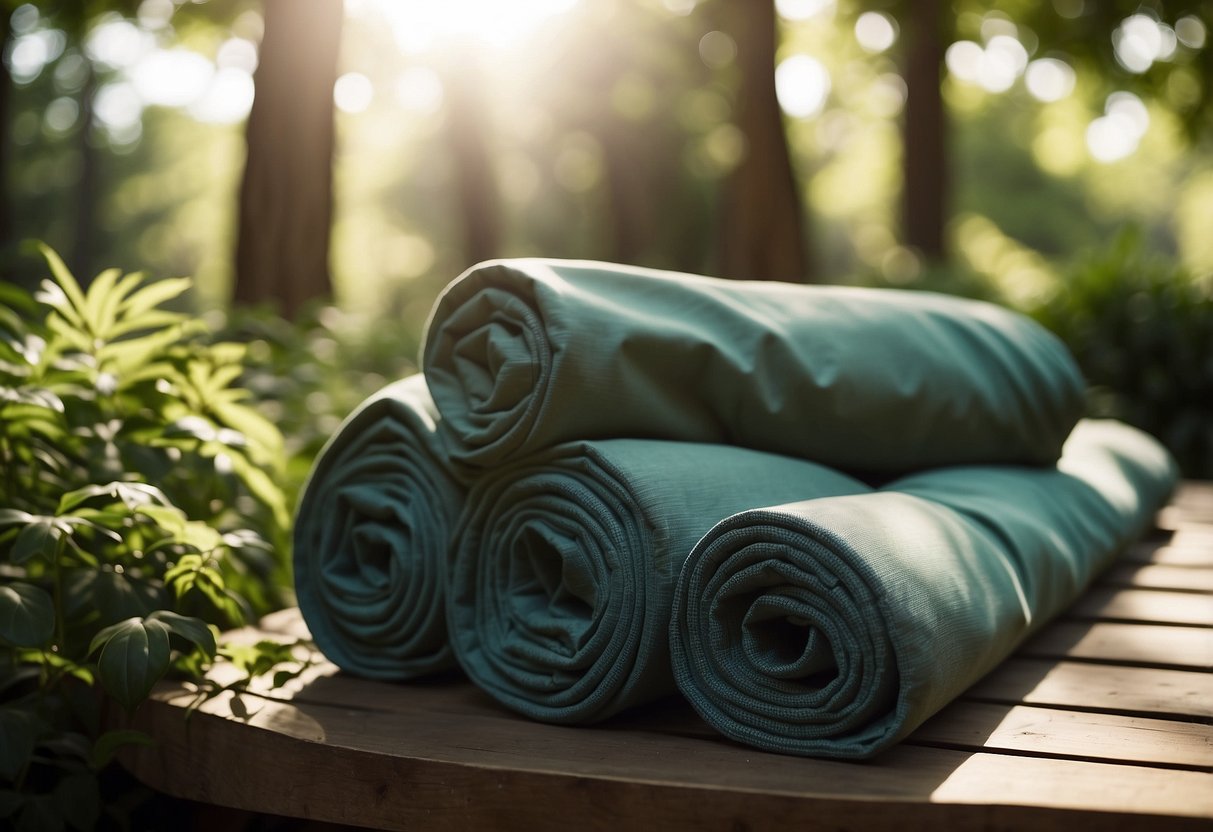 A group of lightweight jackets draped over yoga mats in a serene outdoor setting, surrounded by lush greenery and dappled sunlight