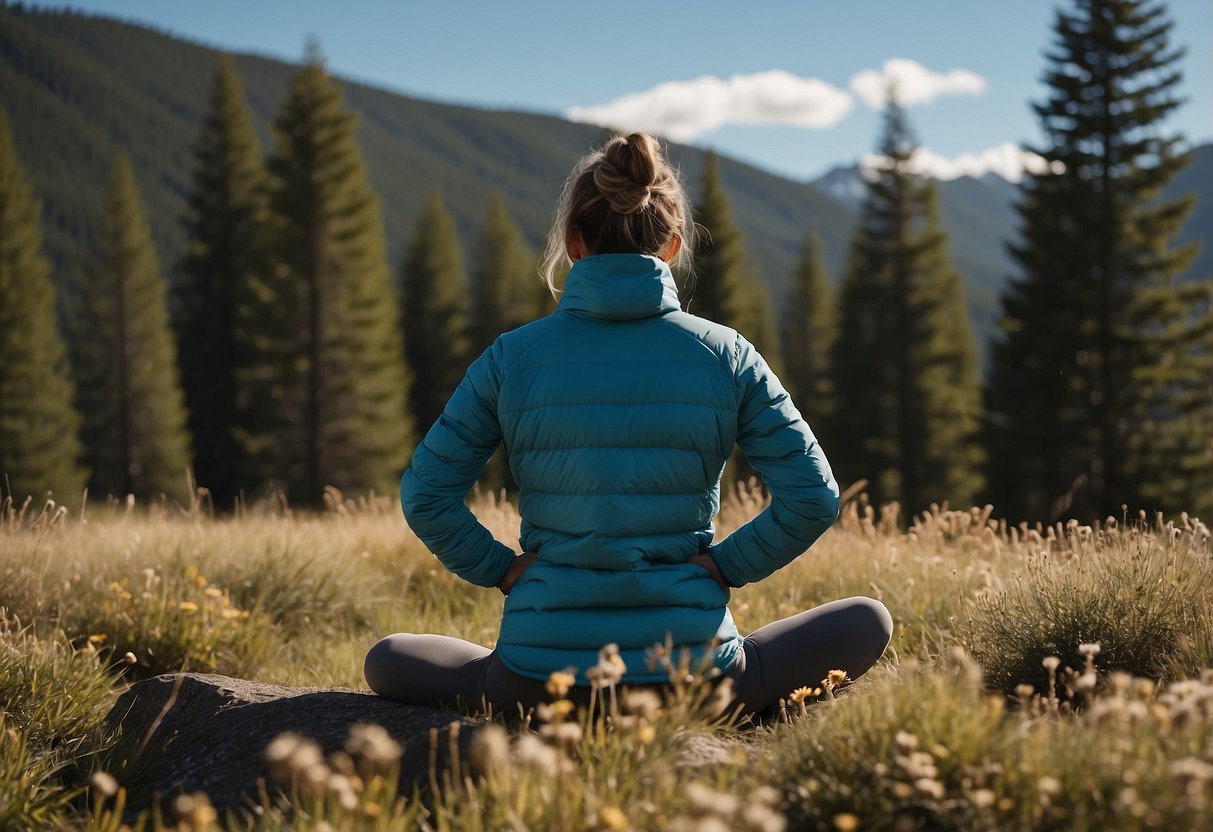 A hiker wearing a Patagonia Houdini Jacket practices outdoor yoga in a serene mountain meadow, surrounded by tall pine trees and a clear blue sky