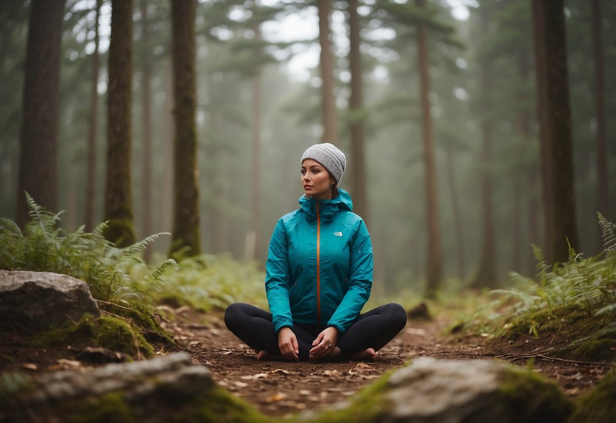 A figure in a North Face Cyclone Jacket practices outdoor yoga, surrounded by a serene natural setting. The lightweight jacket allows for ease of movement and protection from the elements