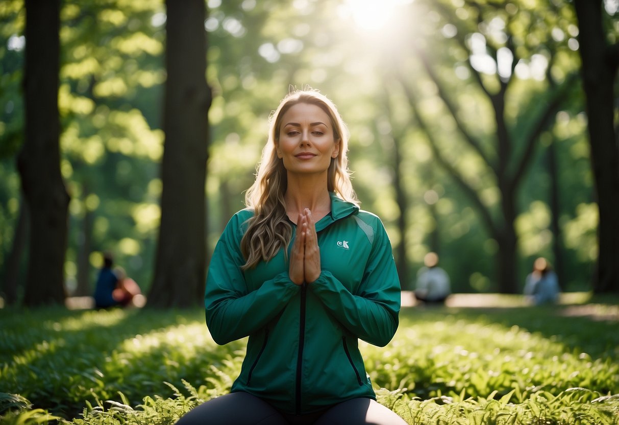 A bright, sunny day in a lush green park. A woman in a Columbia Flash Forward Windbreaker practices outdoor yoga, surrounded by tall trees and chirping birds