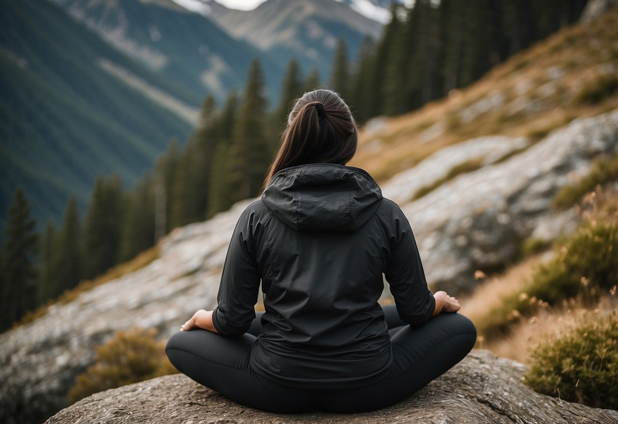 A figure wearing a Black Diamond Alpine Start Hoody practices outdoor yoga, surrounded by mountains and trees. The lightweight jacket is the perfect choice for the active and adventurous yogi