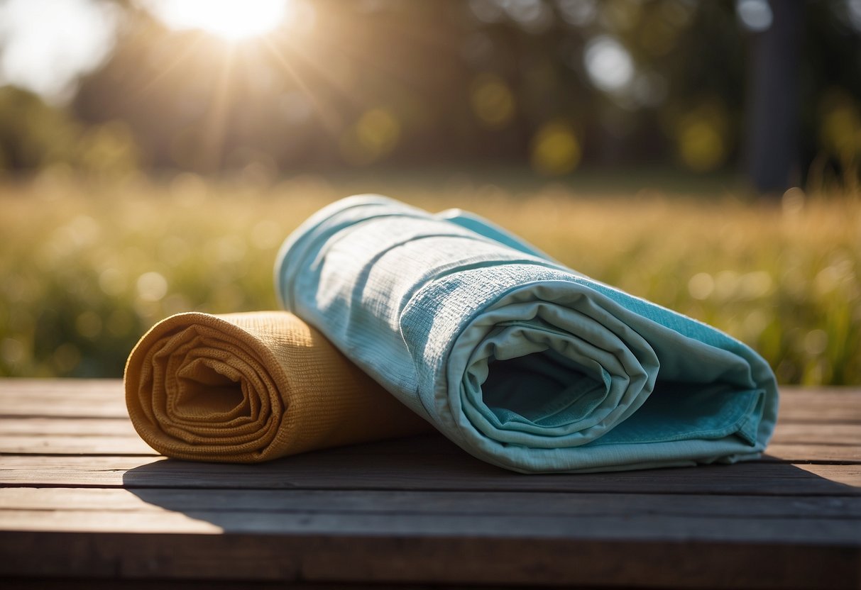 Bright sun shines on a serene outdoor yoga setting. A lightweight jacket lays neatly folded next to a yoga mat, ready for use