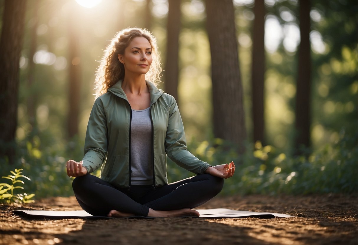 A woman stands in a peaceful outdoor yoga setting, surrounded by trees and nature. She is wearing a lightweight jacket, with the sun shining down on her as she practices her yoga poses