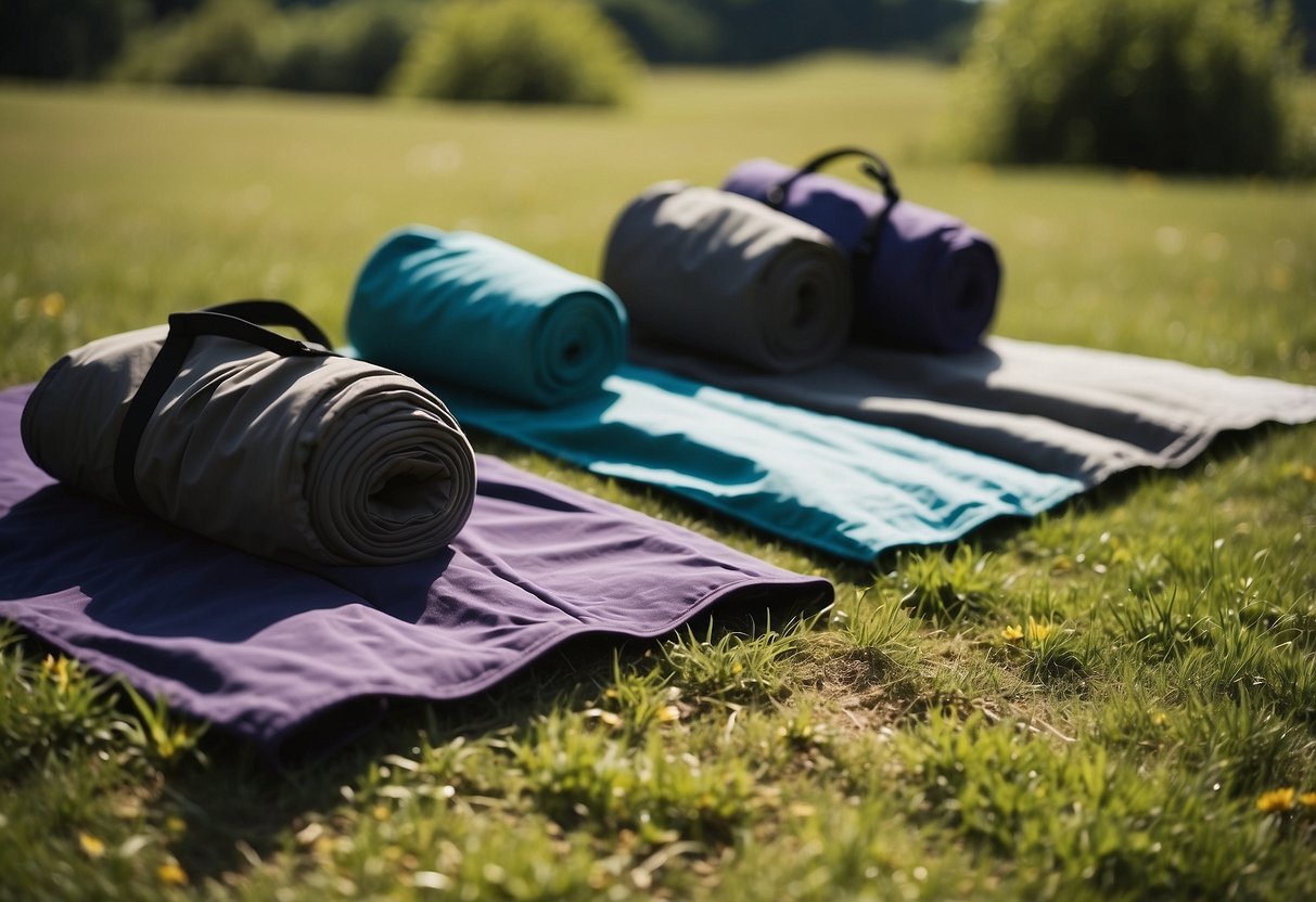 A sunny outdoor yoga session with 5 lightweight jackets neatly folded on a grassy mat, surrounded by yoga props and natural scenery