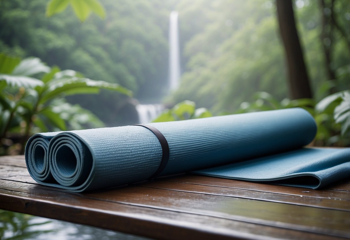 Yoga mat and gear under a waterproof canopy, surrounded by trees and a gentle waterfall, with a light mist in the air