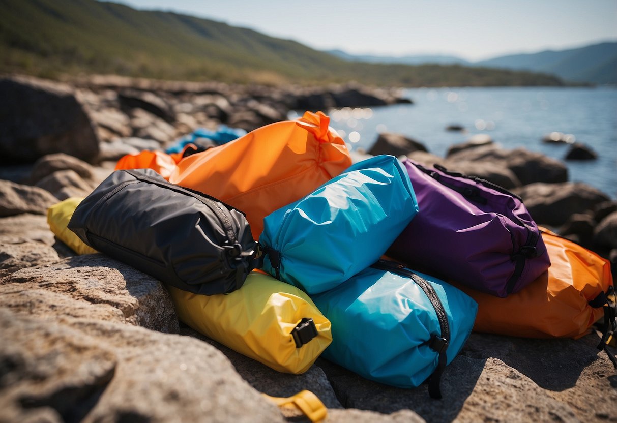 A stack of colorful dry bags sits on a rocky shore, surrounded by yoga mats and props. The sun shines on the bags, highlighting their waterproof material