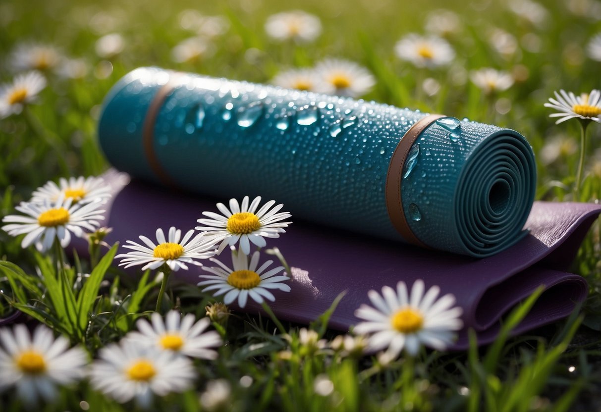 A yoga mat lies on a grassy field, surrounded by blooming flowers. Raindrops bead on its surface, repelled by its water-resistant material. Nearby, a backpack and water bottle are shielded from the elements by a waterproof cover