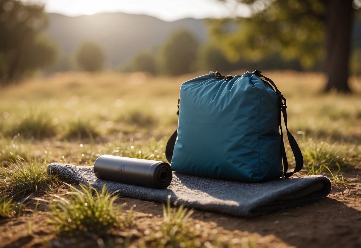 A yoga block sits on a dry, grassy patch under a bright sun. Nearby, a water-resistant mat and towel are neatly arranged. A water bottle and waterproof bag complete the scene