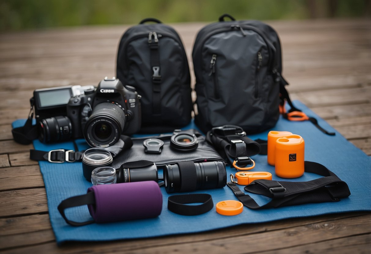 Outdoor yoga gear laid out on a waterproof mat, surrounded by quick-dry gear straps and various ways to keep gear dry