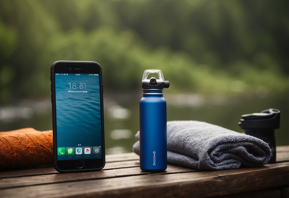 A waterproof phone case surrounded by a yoga mat, water bottle, towel, and other gear, all arranged outdoors in a serene natural setting