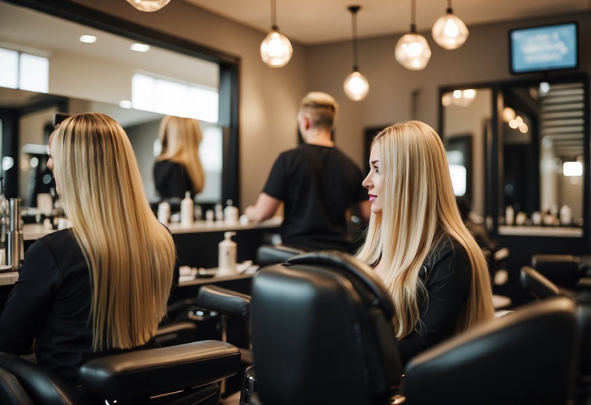 Des extensions de cheveux à nano-anneaux sont teintes dans un salon avec différentes options de couleurs affichées sur une table