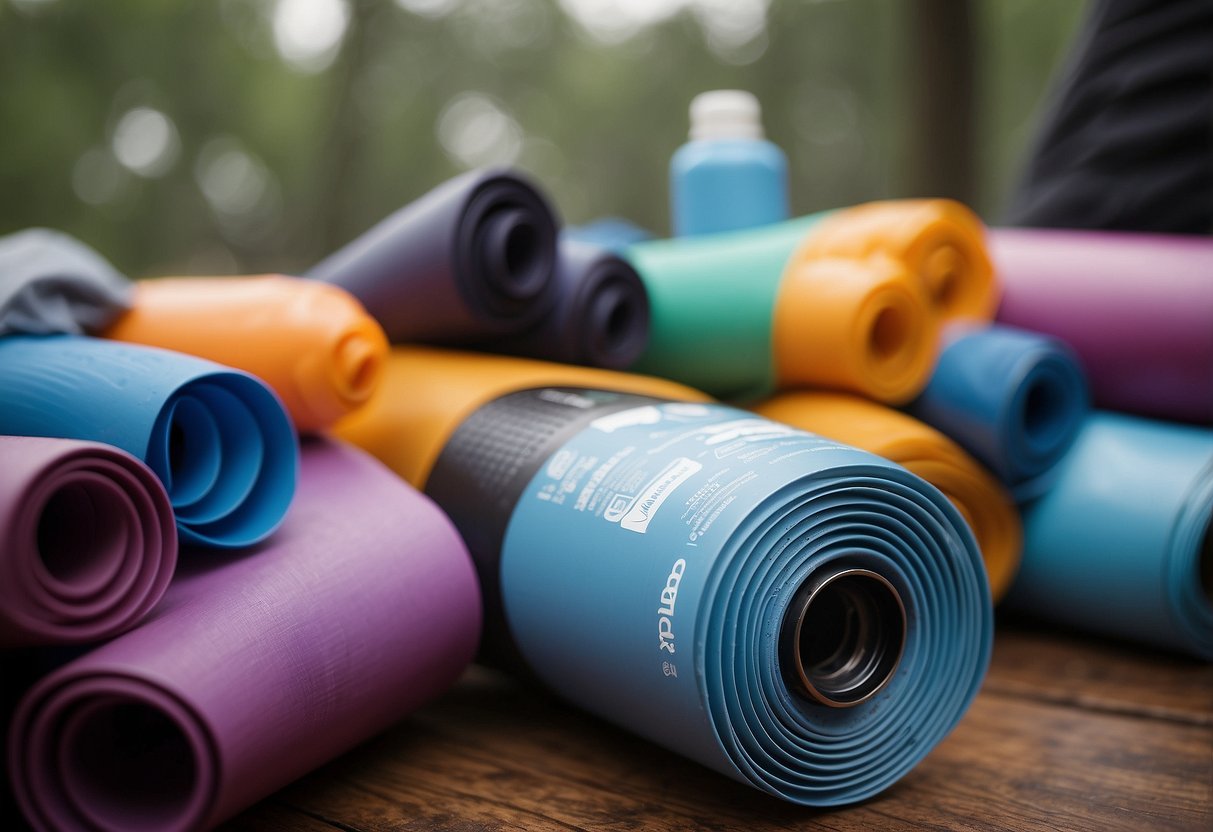 A can of sealant spray hovers over a pile of yoga mats, while a gentle mist of protection surrounds them, shielding the gear from moisture during outdoor practice