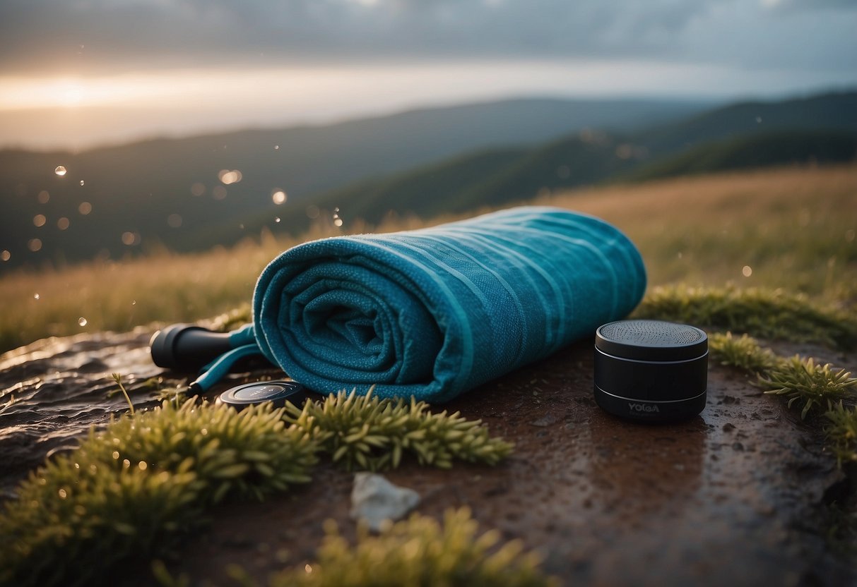 A weatherproof blanket lays on the ground, surrounded by yoga props. Rain falls, but the gear remains dry and protected