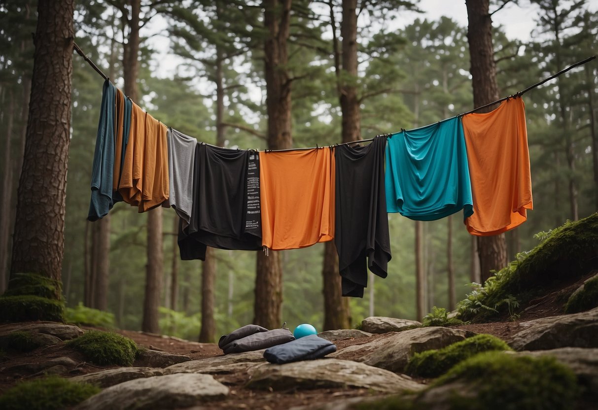 A woman's moisture-wicking yoga outfit hangs on a line, surrounded by various methods to keep gear dry: waterproof bags, towels, and a portable canopy