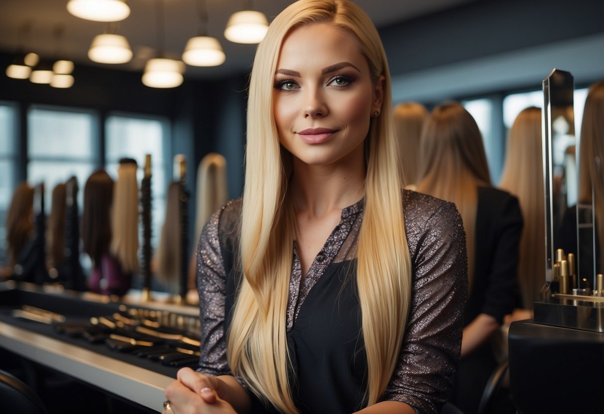 Nano-ring hair extensions displayed with various hair colors. A stylist demonstrates coloring process