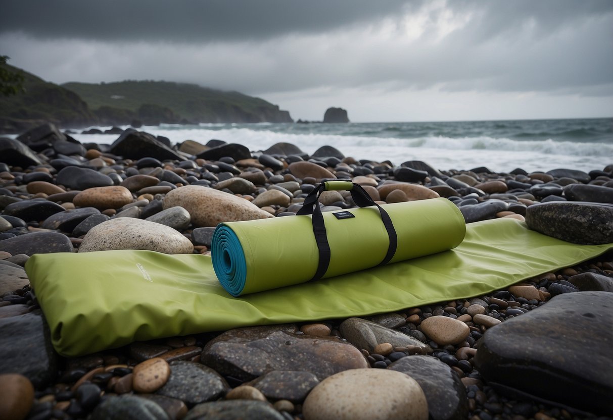 A yoga mat lies on a rocky shore, surrounded by waterproof bags and containers. Rain falls lightly on the scene, but the gear remains dry and protected