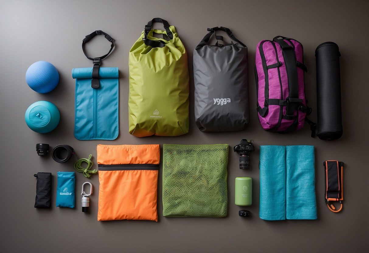 Yoga gear laid out on a dry, clean surface. A mesh bag hung up to air out gear after use. A waterproof mat cover rolled up for easy storage