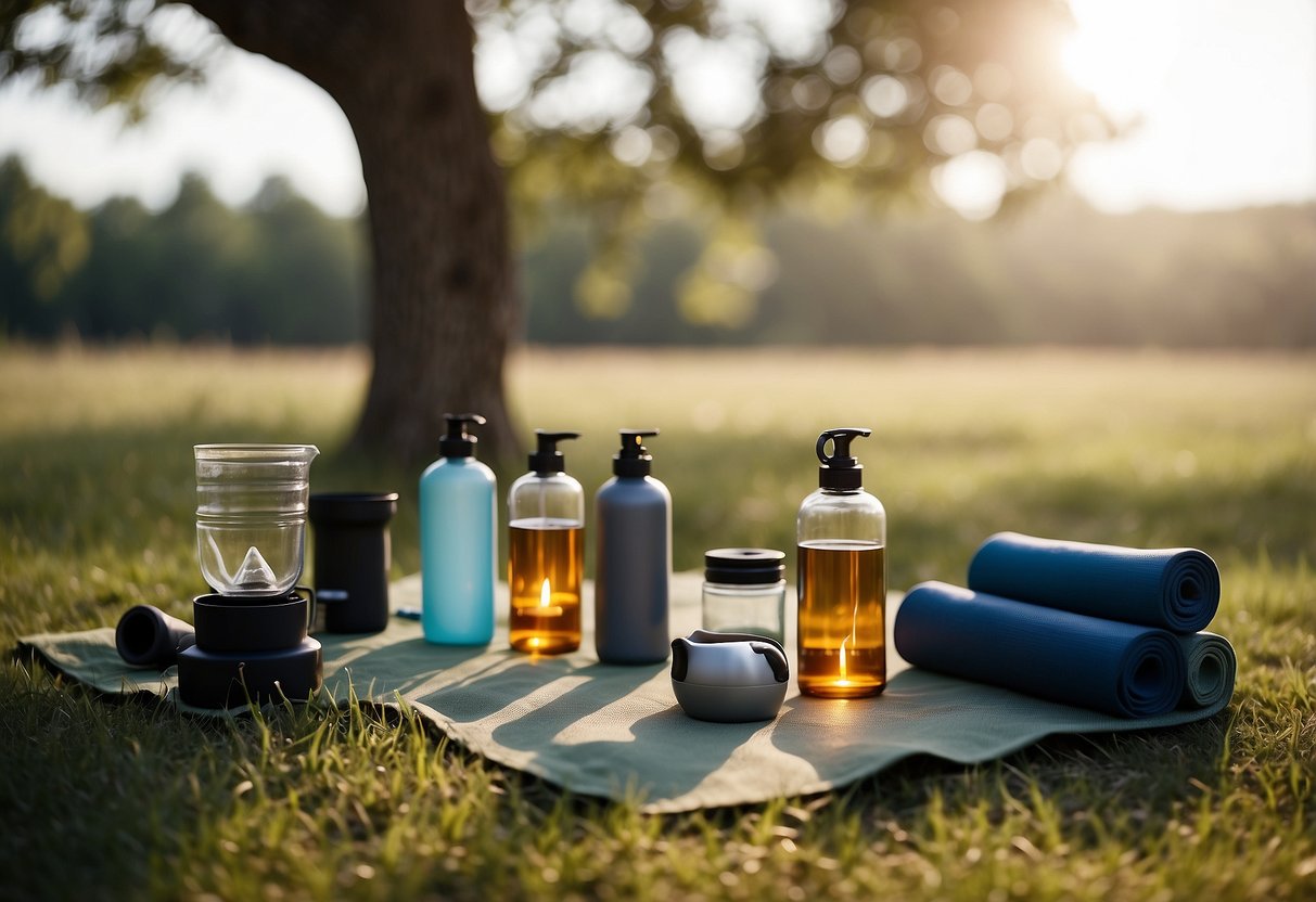 A serene outdoor yoga setting with various gear options laid out on a dry, grassy surface, surrounded by trees and a clear sky