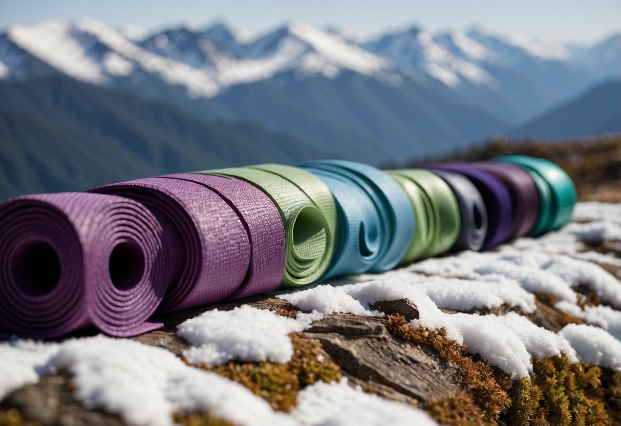 Yoga mats spread on mountain peak, surrounded by snow-capped peaks. Deep breathing, meditation, and sun salutations in crisp, thin air