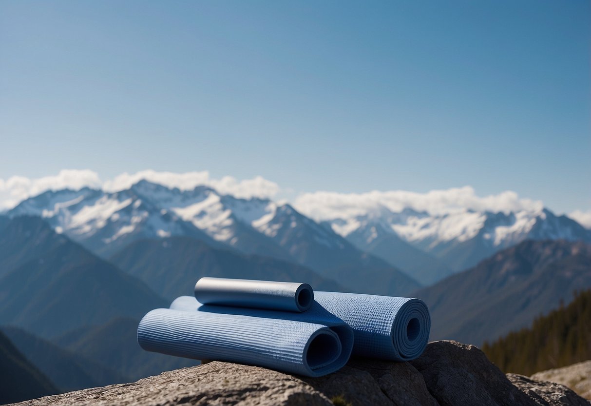 Yoga mat on a mountain peak, surrounded by snow-capped peaks. Clear blue sky and fresh air. Sun shining down, creating a peaceful and serene atmosphere