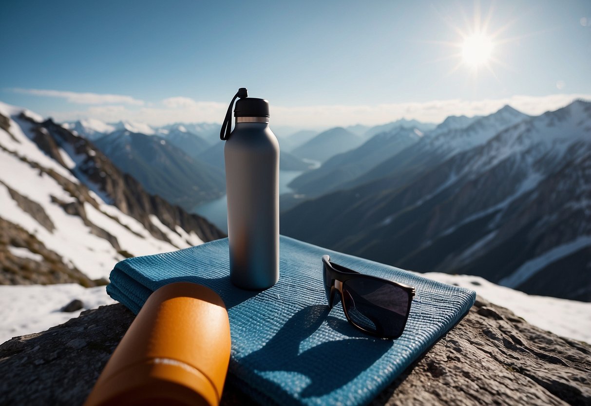 Yoga mat on mountain peak, surrounded by snow-capped peaks. Water bottle, sunglasses, and sunscreen nearby. Deep breathing and stretching poses