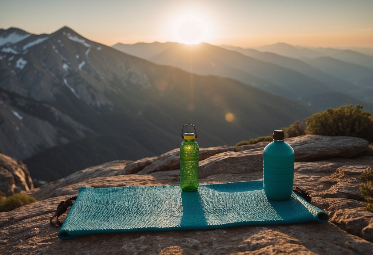 Yoga mat, blocks, and water bottle on rocky mountain peak. Sun setting behind high altitude landscape