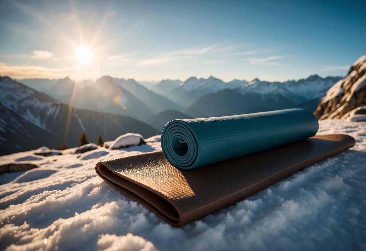 Yoga mats laid out on a mountain peak, surrounded by snow-capped peaks. The sun is setting, casting a warm glow on the serene scene