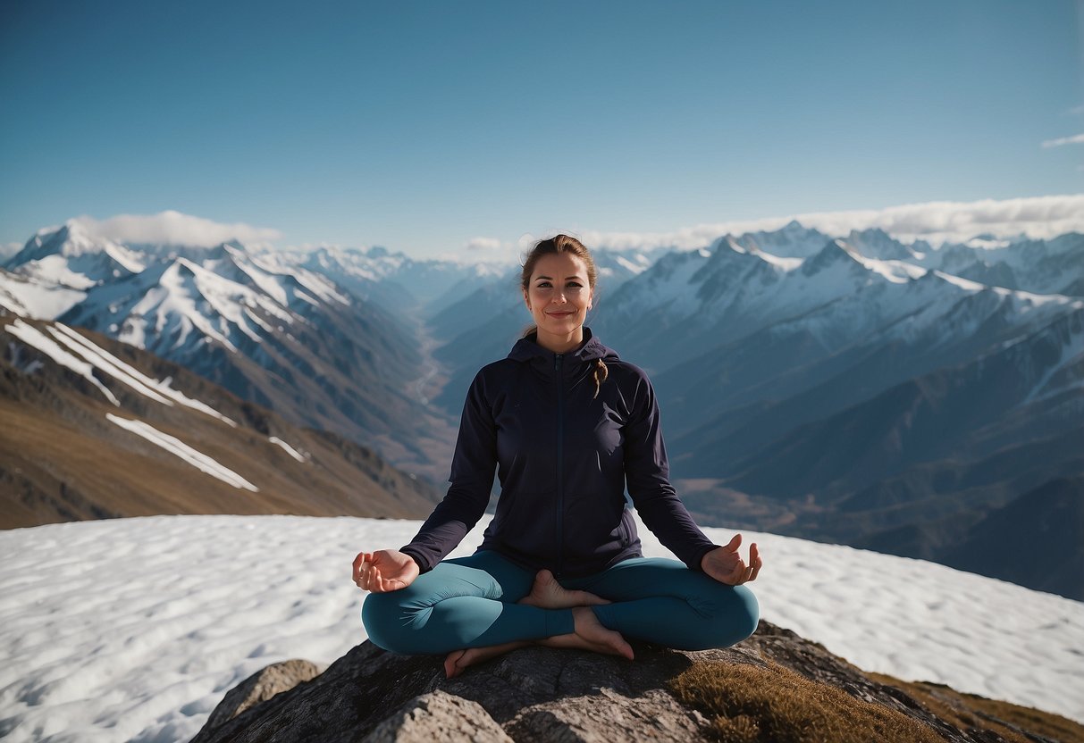 A person in layered clothing practices yoga on a mountain peak, surrounded by snow-capped peaks and a clear blue sky