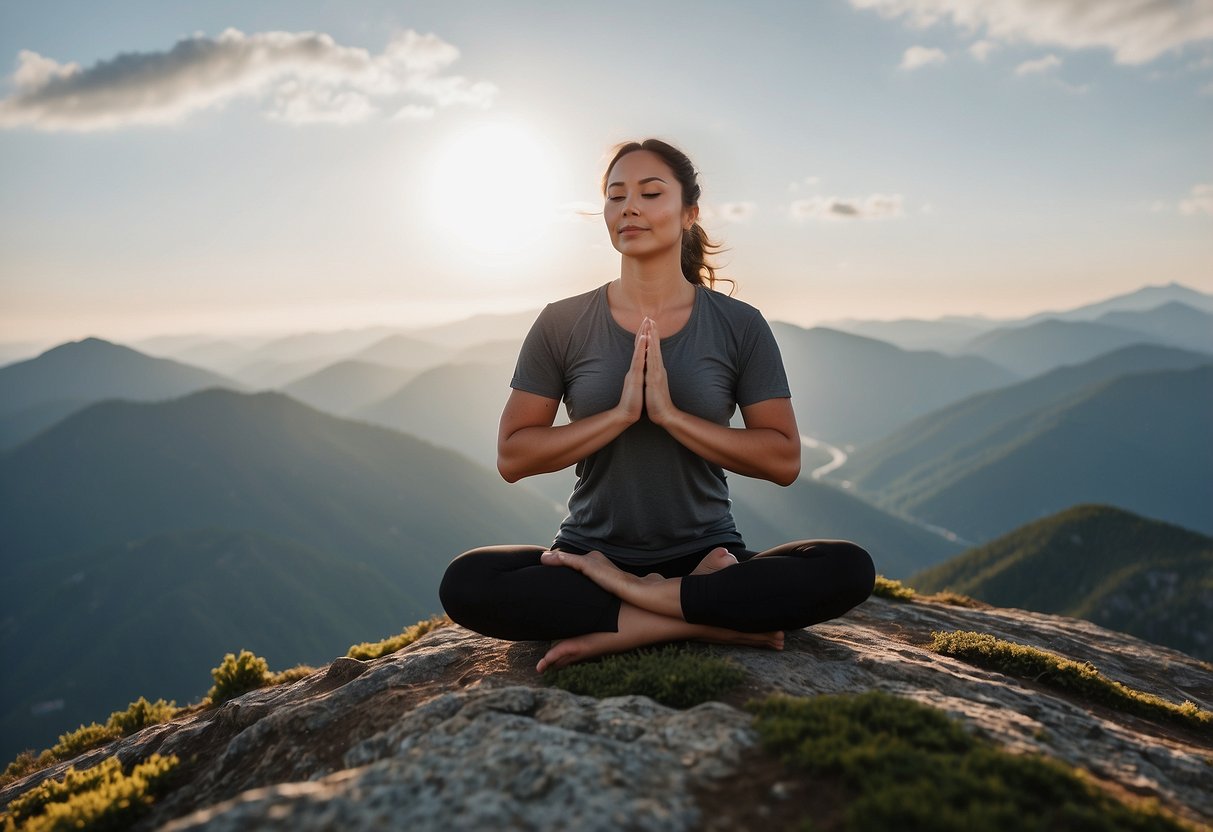 A person practicing yoga on a mountain peak, adjusting poses for high altitude. Deep breathing, focus, and balance in the thin air