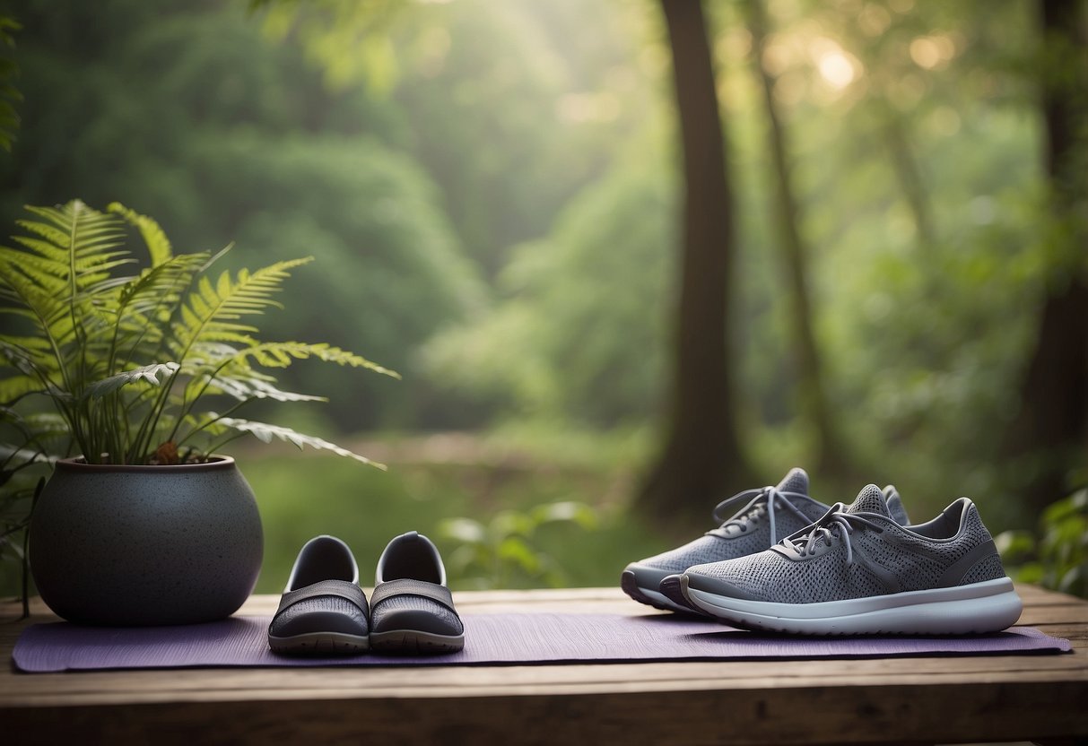 A serene outdoor setting with a yoga mat, surrounded by nature. Five different pairs of yoga shoes are neatly arranged nearby, showcasing their comfort and durability for outdoor use