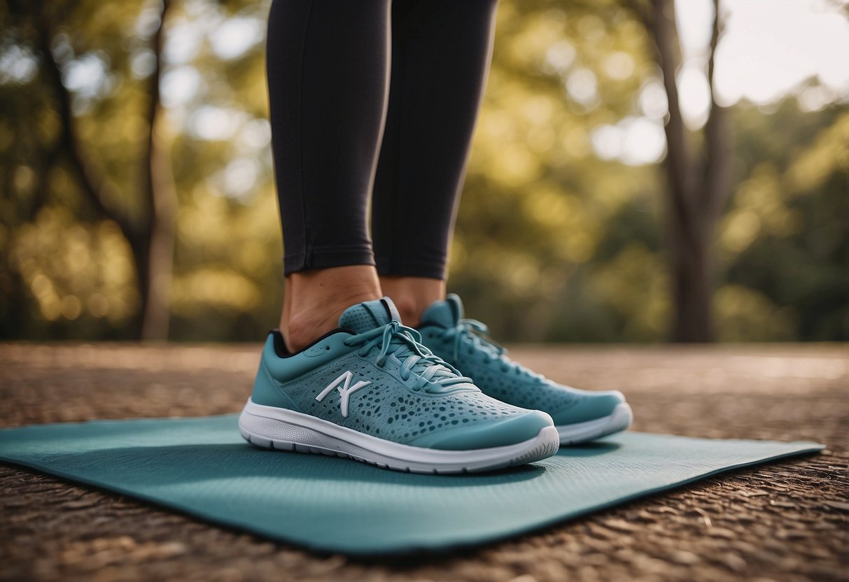 A woman's Xero Shoes Speed Force 5 on a yoga mat in a peaceful outdoor setting