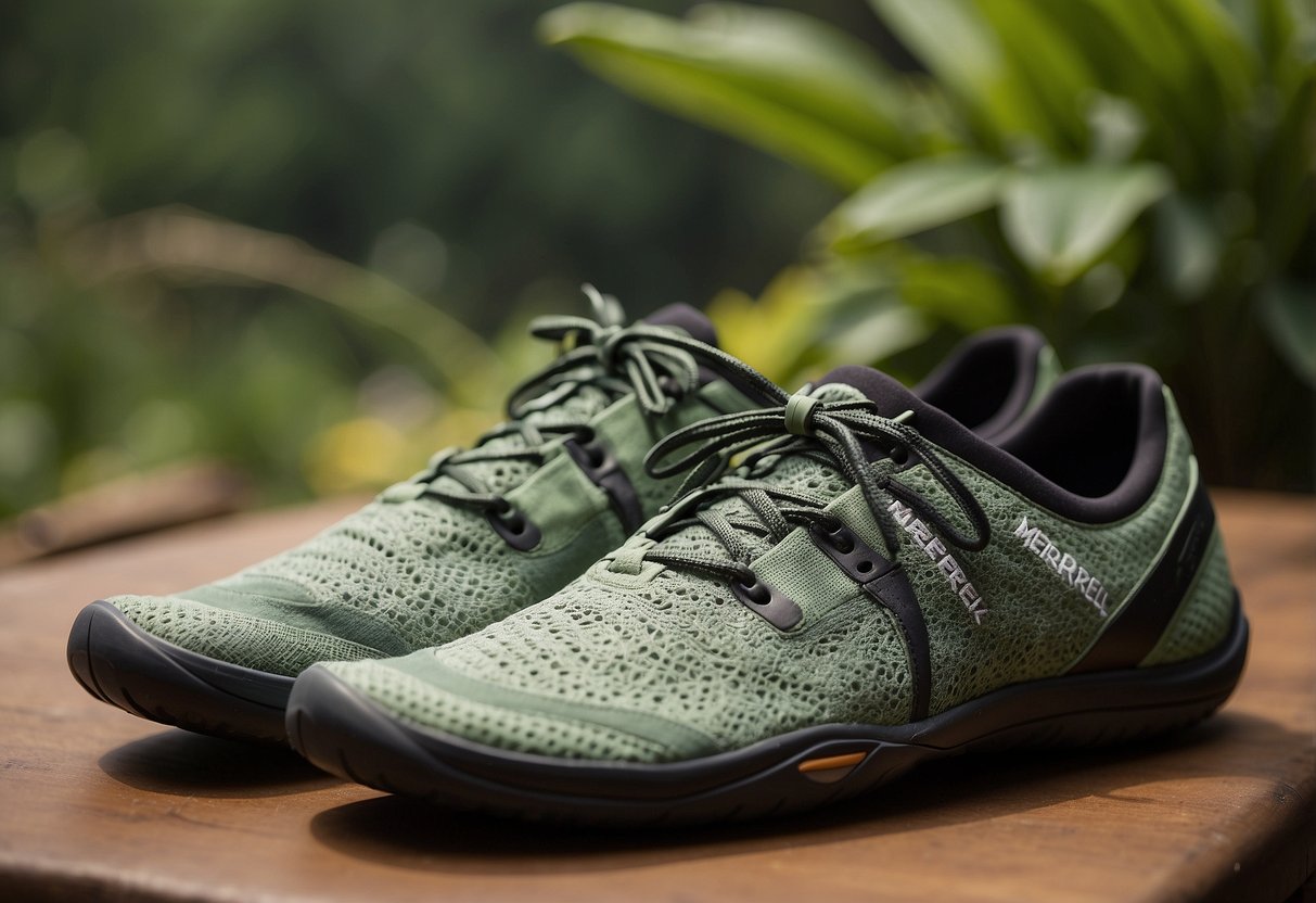 A pair of Merrell Vapor Glove 4 shoes placed on a yoga mat outdoors, surrounded by lush greenery and natural sunlight