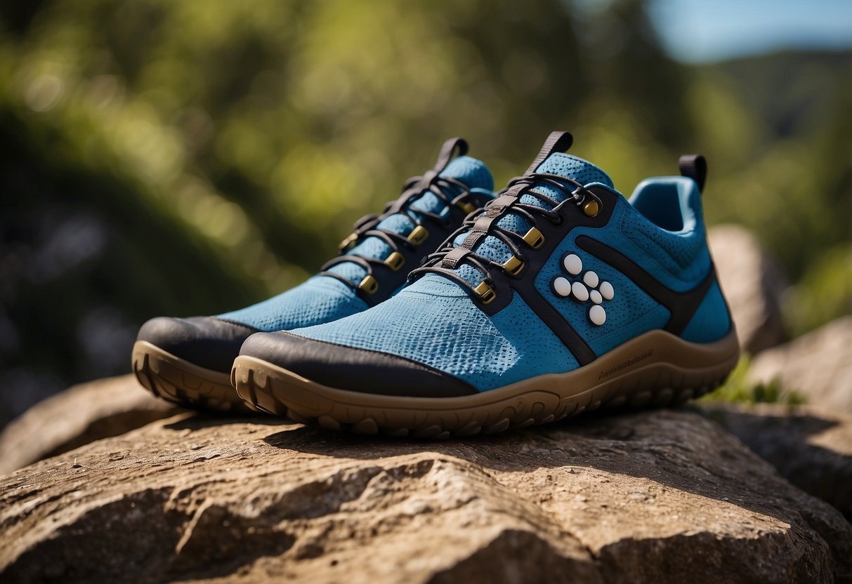 A pair of Vivobarefoot Primus Trail FG shoes sits on a rocky outdoor trail, surrounded by lush greenery and a clear blue sky