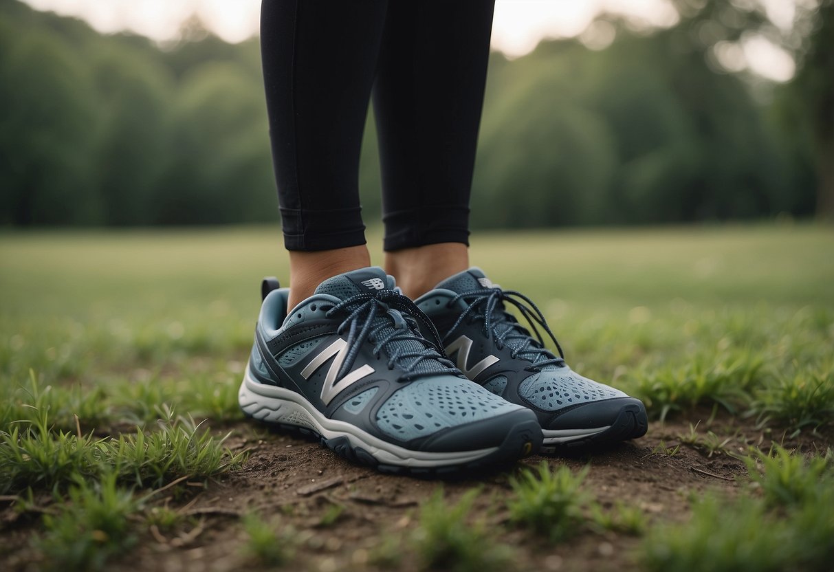 A serene outdoor yoga session with a pair of New Balance Minimus Trail 10 shoes placed on a grassy ground, surrounded by nature and tranquility