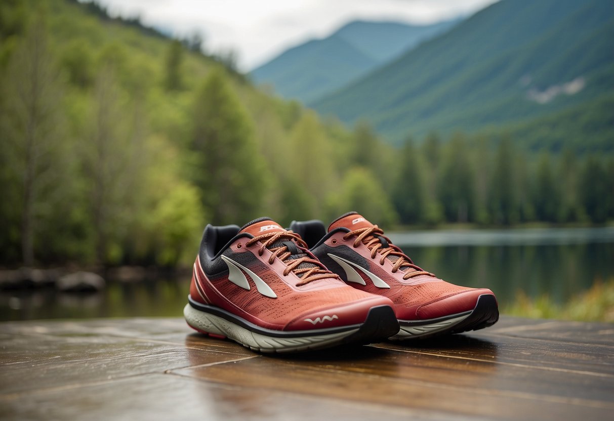 A pair of Altra Escalante 3.5 shoes placed on a yoga mat outdoors, surrounded by nature and with a peaceful, serene atmosphere