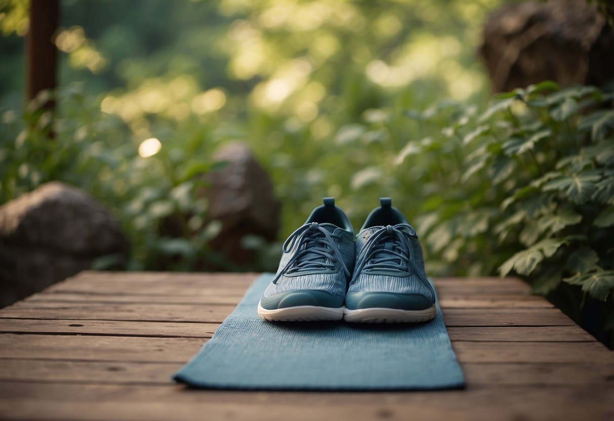 A serene outdoor setting with a yoga mat, surrounded by nature. A pair of comfortable and durable yoga shoes are placed nearby