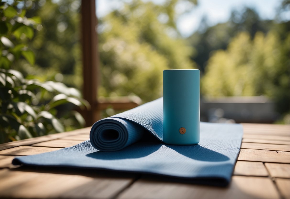 A serene outdoor setting with a yoga mat, surrounded by nature. A clear blue sky, gentle breeze, and a peaceful atmosphere